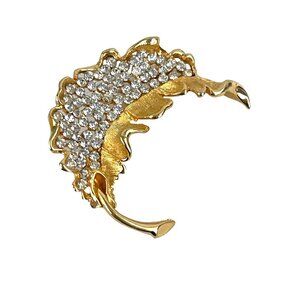 Kramer Retro Leaf Gold Tone Rhinestone Brooch Pin 1.5” Vintage Signed Costume Je